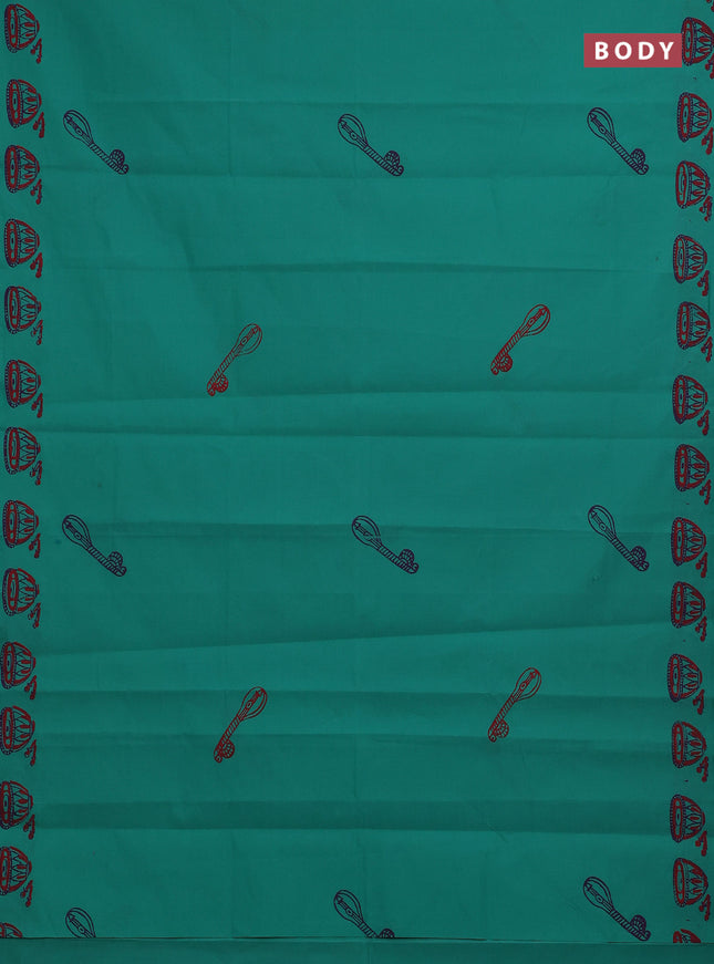 Teal Green & Purple Semi Silk Cotton Saree - Printed