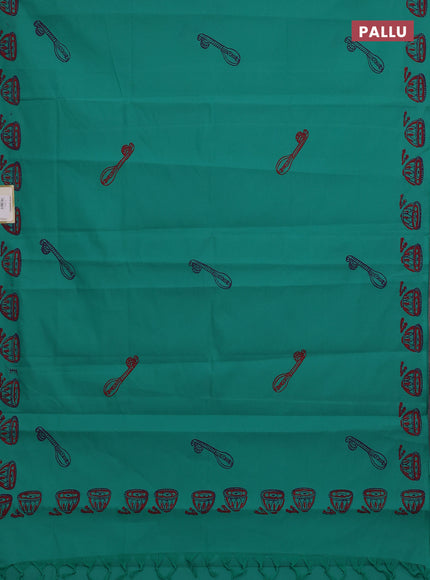 Teal Green & Purple Semi Silk Cotton Saree - Printed