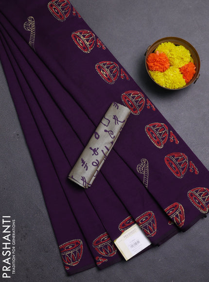 Purple & Grey Semi Silk Cotton Saree - Printed