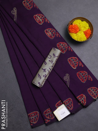 Purple & Grey Semi Silk Cotton Saree - Printed
