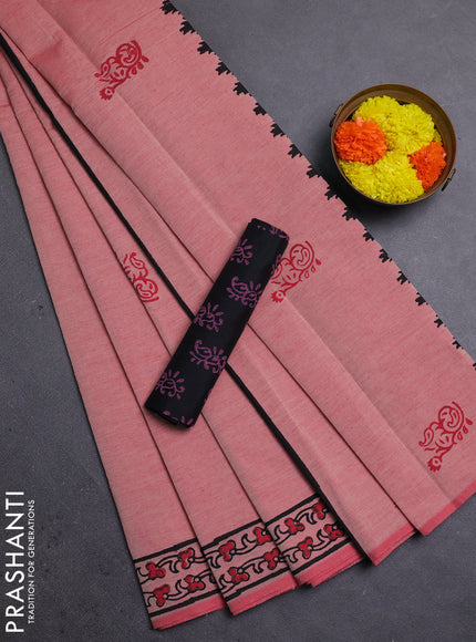 Peach & Black Semi Silk Cotton Saree - Printed