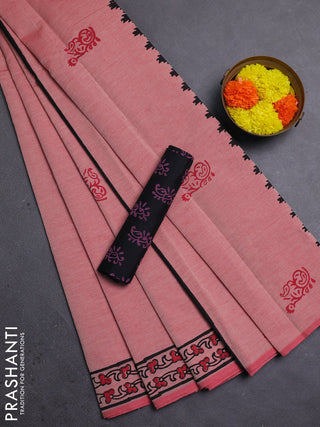 Peach & Black Semi Silk Cotton Saree - Printed