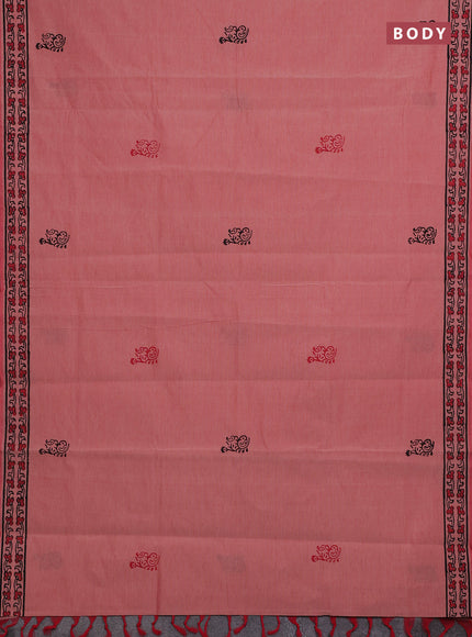 Peach & Black Semi Silk Cotton Saree - Printed