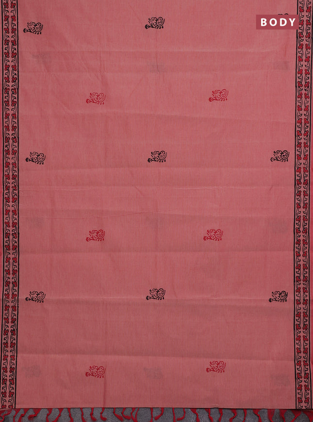 Peach & Black Semi Silk Cotton Saree - Printed