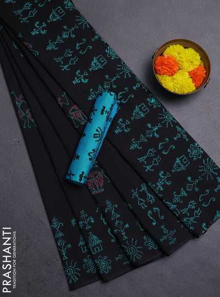 Black & Teal Blue Semi Silk Cotton Saree - Printed