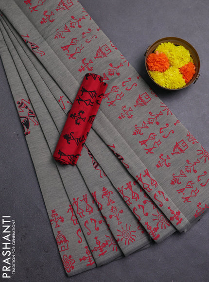 Grey & Red Semi Silk Cotton Saree - Printed