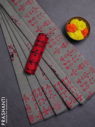 Grey & Red Semi Silk Cotton Saree - Printed