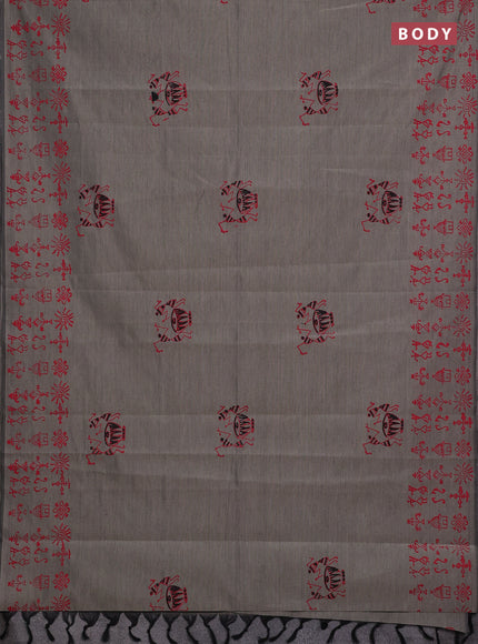 Grey & Red Semi Silk Cotton Saree - Printed