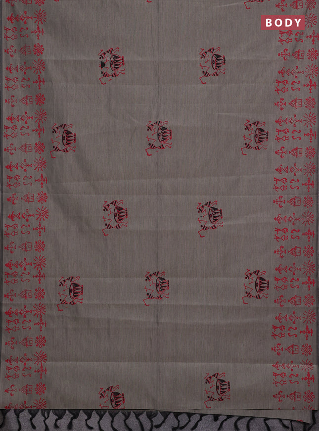 Grey & Red Semi Silk Cotton Saree - Printed