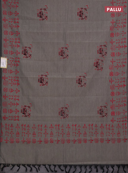 Grey & Red Semi Silk Cotton Saree - Printed