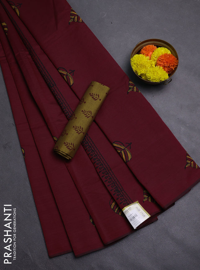 Maroon & Mustard Yellow Semi Silk Cotton Saree - Printed