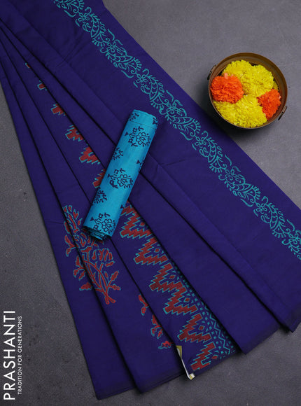 Blue & Teal Blue Semi Silk Cotton Saree - Printed