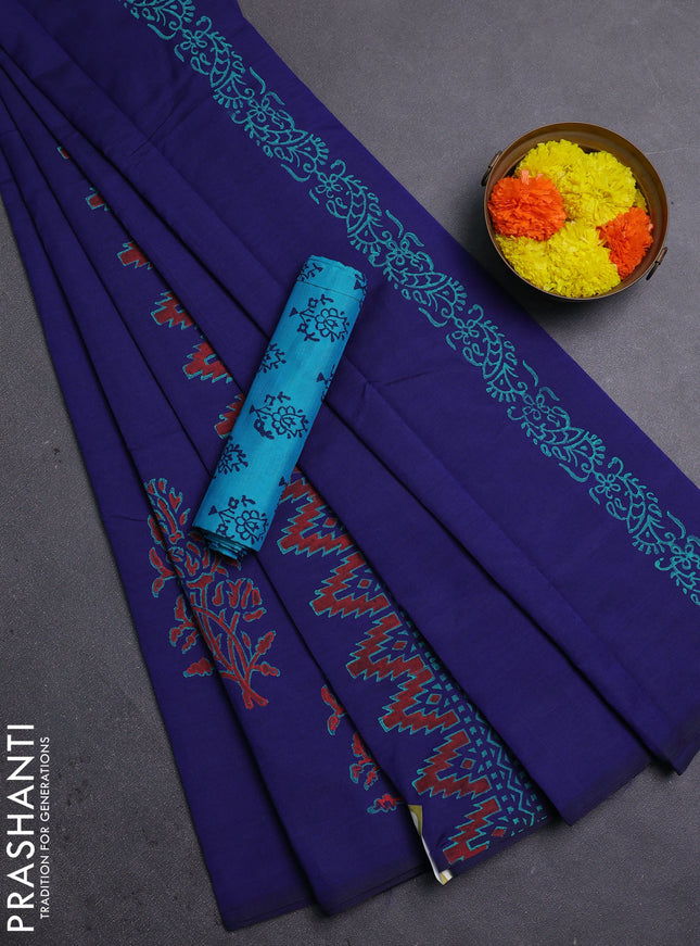 Blue & Teal Blue Semi Silk Cotton Saree - Printed