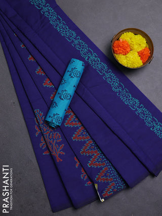 Blue & Teal Blue Semi Silk Cotton Saree - Printed
