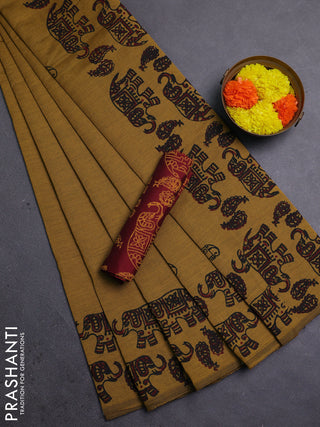 Mustard Yellow & Maroon Semi Silk Cotton Saree - Printed