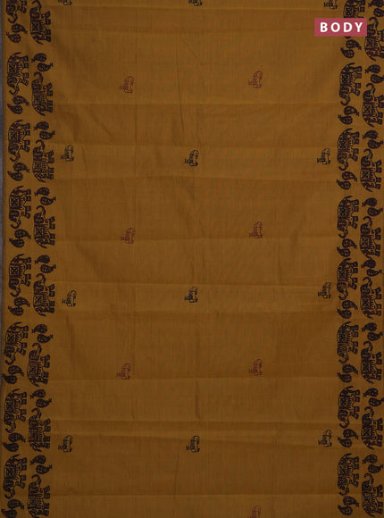 Mustard Yellow & Maroon Semi Silk Cotton Saree - Printed