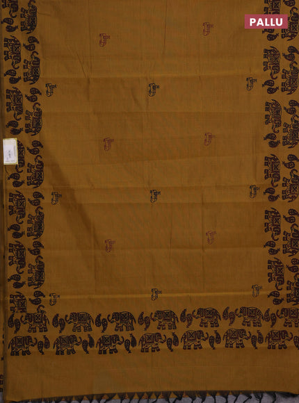 Mustard Yellow & Maroon Semi Silk Cotton Saree - Printed