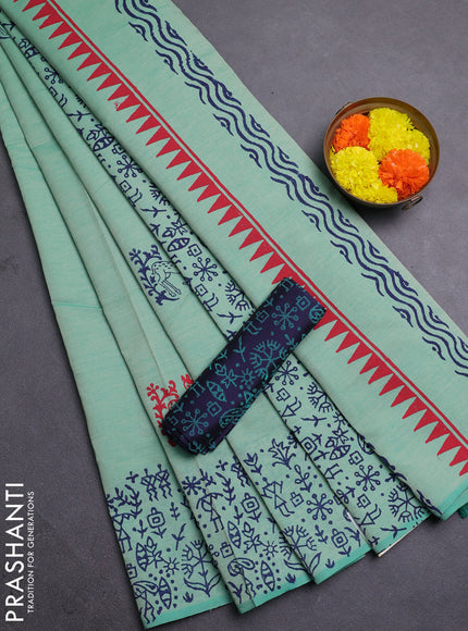 Teal Green & Navy Blue Semi Silk Cotton Saree - Printed