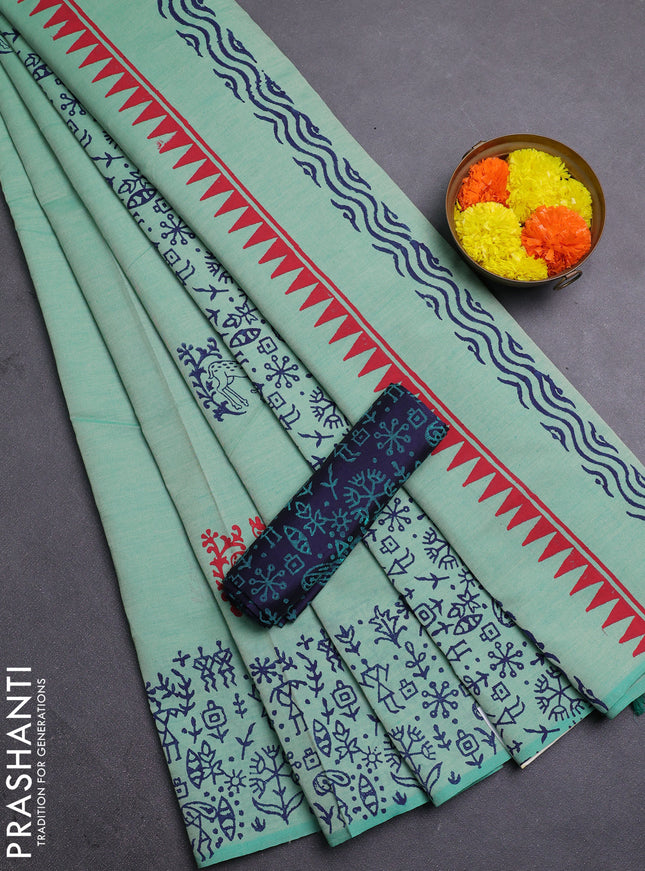 Teal Green & Navy Blue Semi Silk Cotton Saree - Printed
