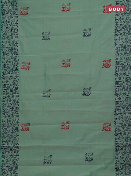 Teal Green & Navy Blue Semi Silk Cotton Saree - Printed