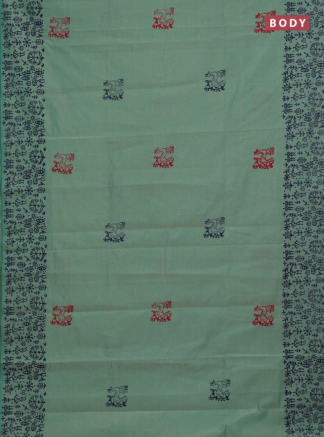 Teal Green & Navy Blue Semi Silk Cotton Saree - Printed