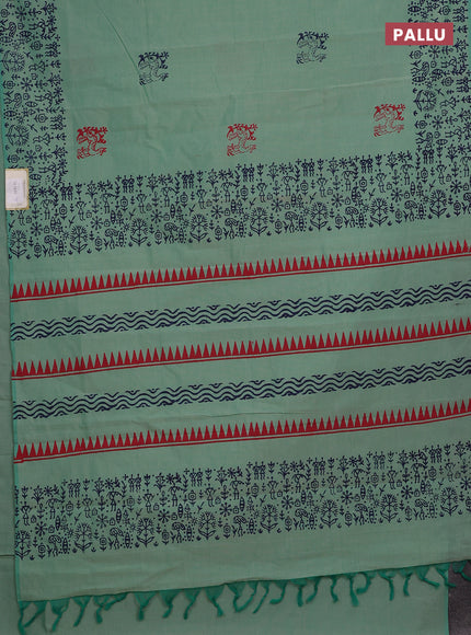 Teal Green & Navy Blue Semi Silk Cotton Saree - Printed