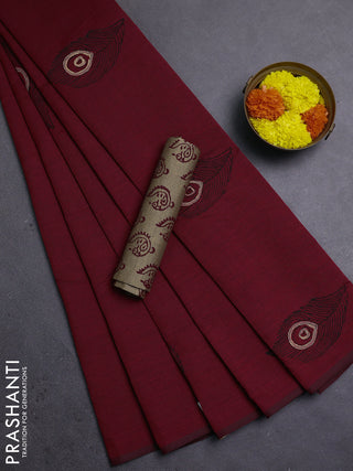 Maroon & Chiku Semi Silk Cotton Saree - Printed