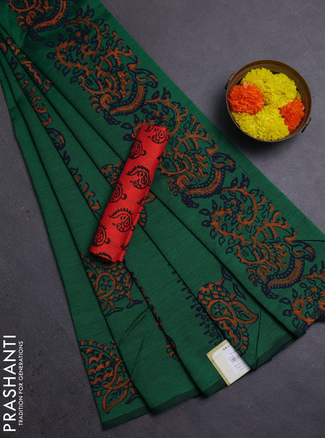 Green & Orange Semi Silk Cotton Saree - Printed