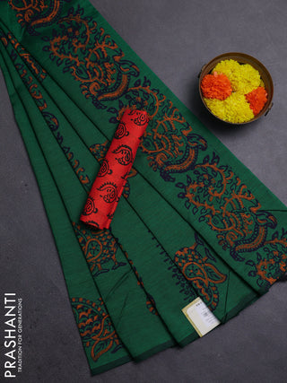 Green & Orange Semi Silk Cotton Saree - Printed