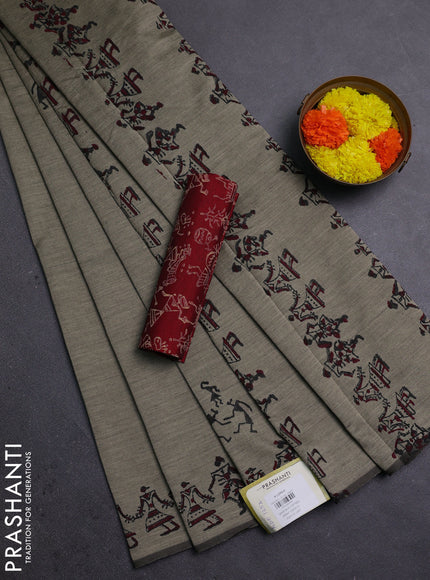 Chiku & Maroon Semi Silk Cotton Saree - Printed