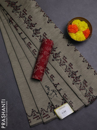 Chiku & Maroon Semi Silk Cotton Saree - Printed
