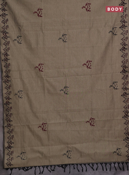 Chiku & Maroon Semi Silk Cotton Saree - Printed