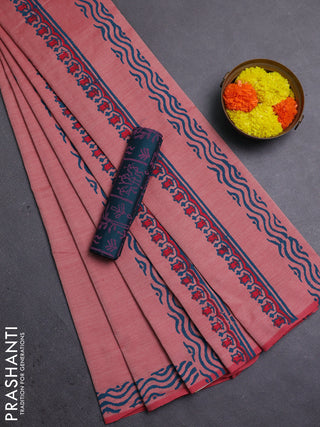 Peach & Peacock Green Semi Silk Cotton Saree - Printed