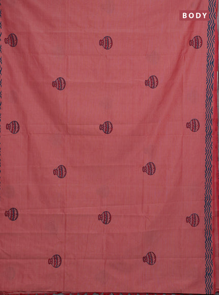 Peach & Peacock Green Semi Silk Cotton Saree - Printed