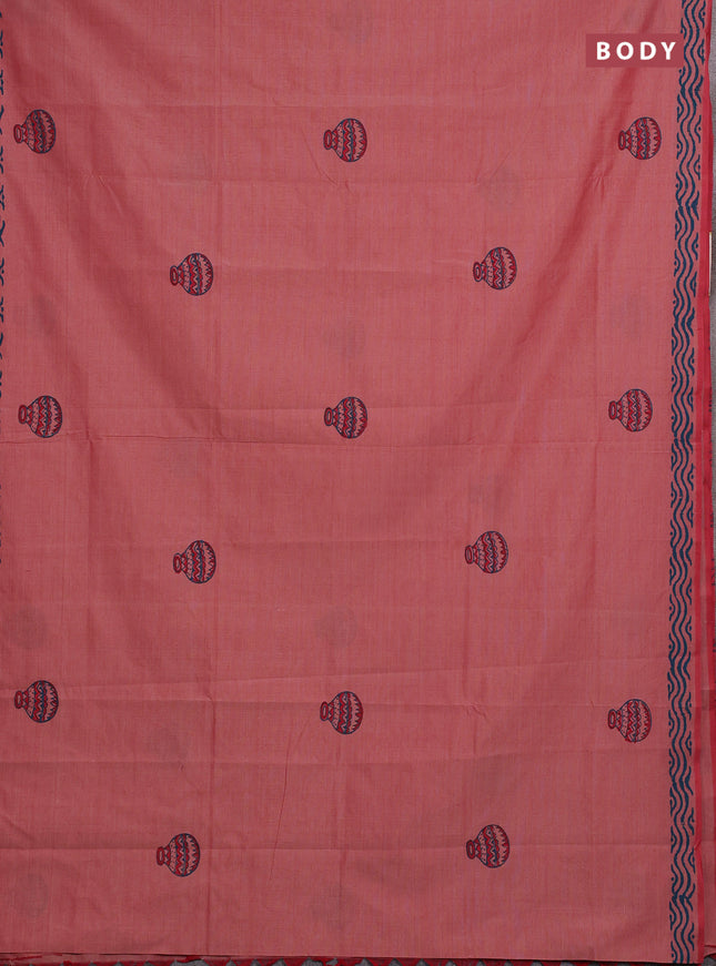 Peach & Peacock Green Semi Silk Cotton Saree - Printed
