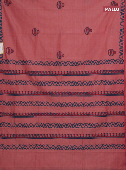 Peach & Peacock Green Semi Silk Cotton Saree - Printed
