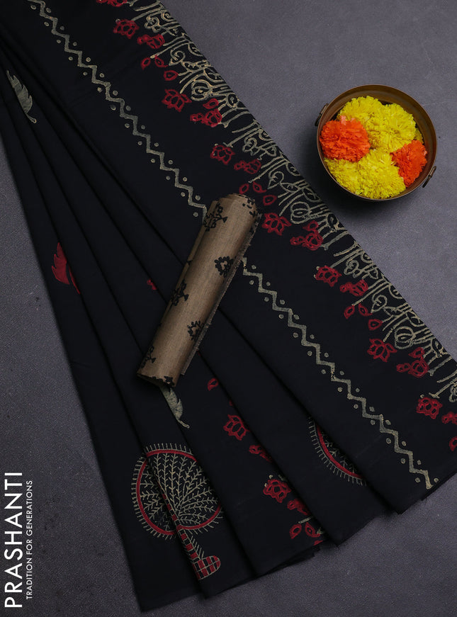 Black & Chiku Semi Silk Cotton Saree - Printed