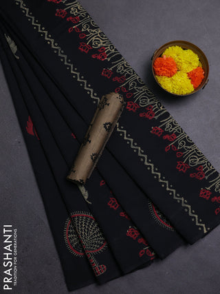 Black & Chiku Semi Silk Cotton Saree - Printed