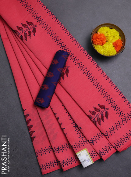 Peach & Blue Semi Silk Cotton Saree - Printed