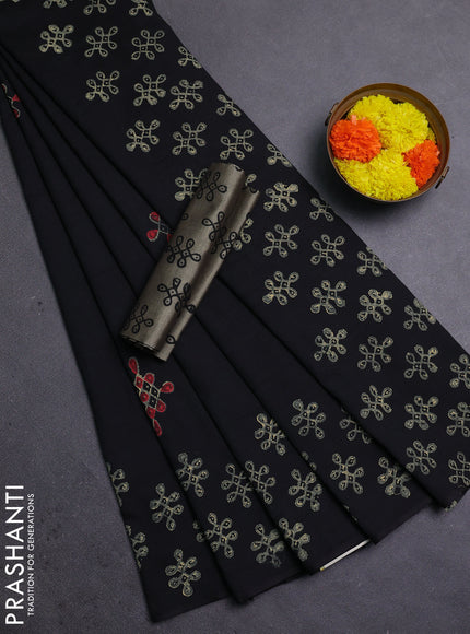 Black & Chiku Semi Silk Cotton Saree - Printed
