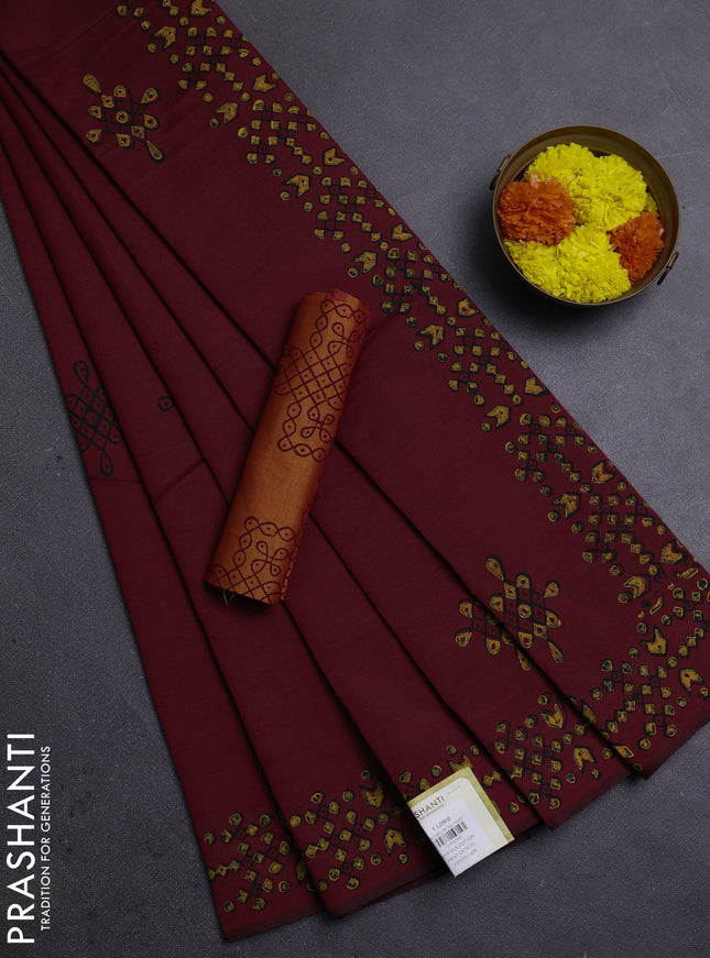 Maroon & Sunset Orange Semi Silk Cotton Saree - Printed