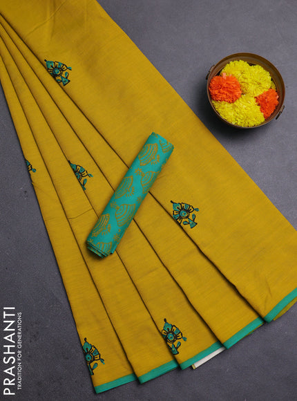 Mustard Yellow & Teal Green Semi Silk Cotton Saree - Printed