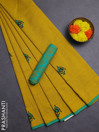 Mustard Yellow & Teal Green Semi Silk Cotton Saree - Printed