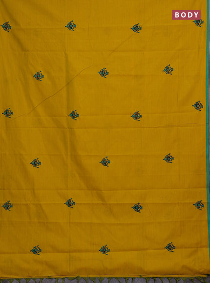 Mustard Yellow & Teal Green Semi Silk Cotton Saree - Printed