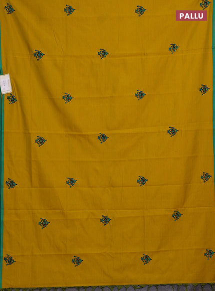 Mustard Yellow & Teal Green Semi Silk Cotton Saree - Printed