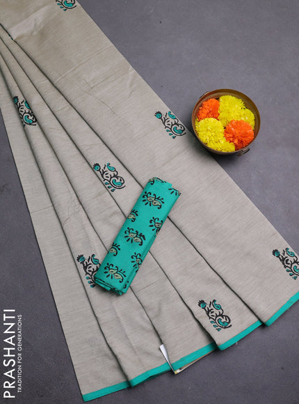 Beige & Teal Green Semi Silk Cotton Saree - Printed