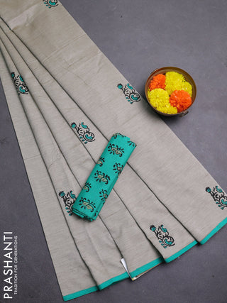 Beige & Teal Green Semi Silk Cotton Saree - Printed