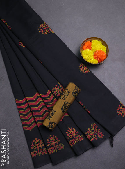 Black & Mustard Yellow Semi Silk Cotton Saree - Printed