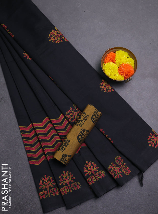 Black & Mustard Yellow Semi Silk Cotton Saree - Printed