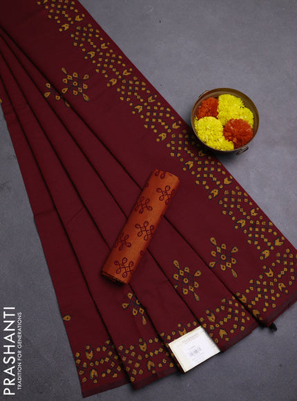 Maroon & Orange Semi Silk Cotton Saree - Printed